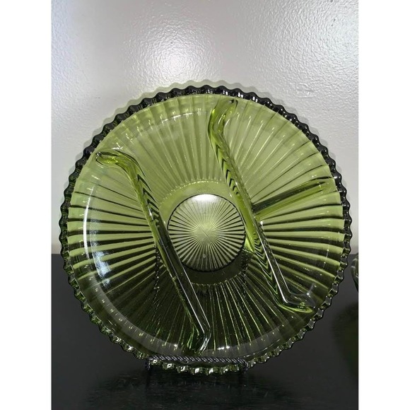 Indiana Glass Other - Vintage Indiana Glass Divided Relish Dish Avocado Green Ribbed MCM Serving